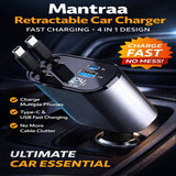 Mantraa 4-in-1 Retractable Car Charger | Fast Charging | Type-C Support | No Cable Mess